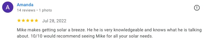 Amanda google review of Ask Solar Mike