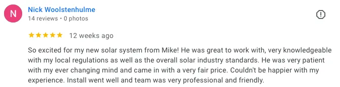 Nick Woolstenhulme google review of Ask Solar Mike