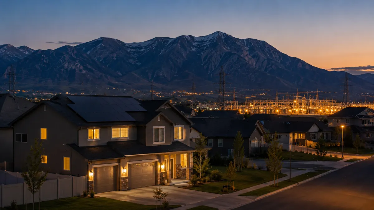 A Utah neighborhood with a solar home and a utility substation at dusk