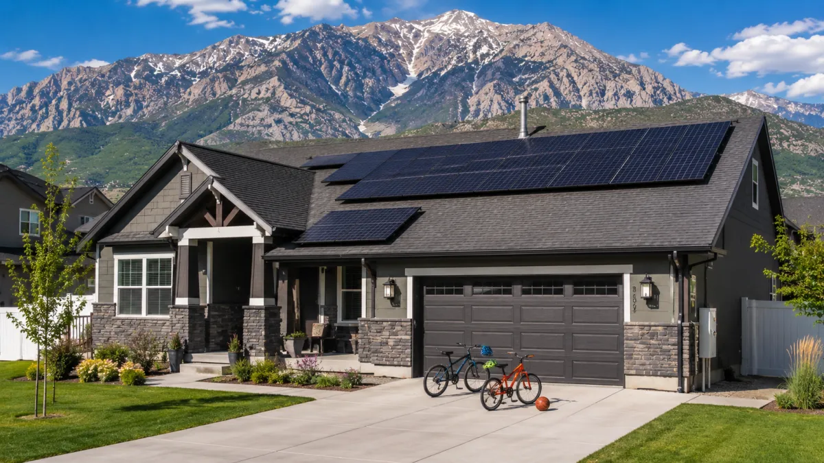 Tesla solar panels on an Orem family home with Mount Timpanogos behind