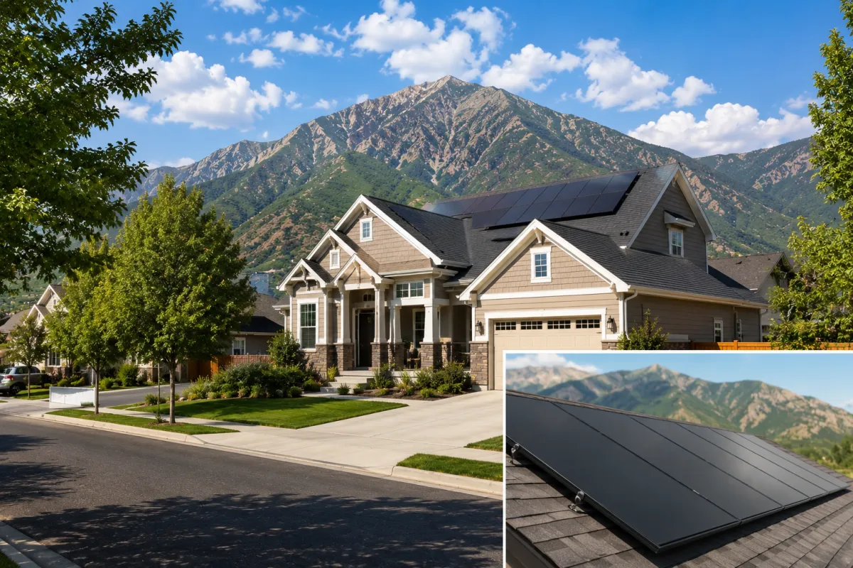 Tesla solar panels on a Provo home with Y Mountain behind