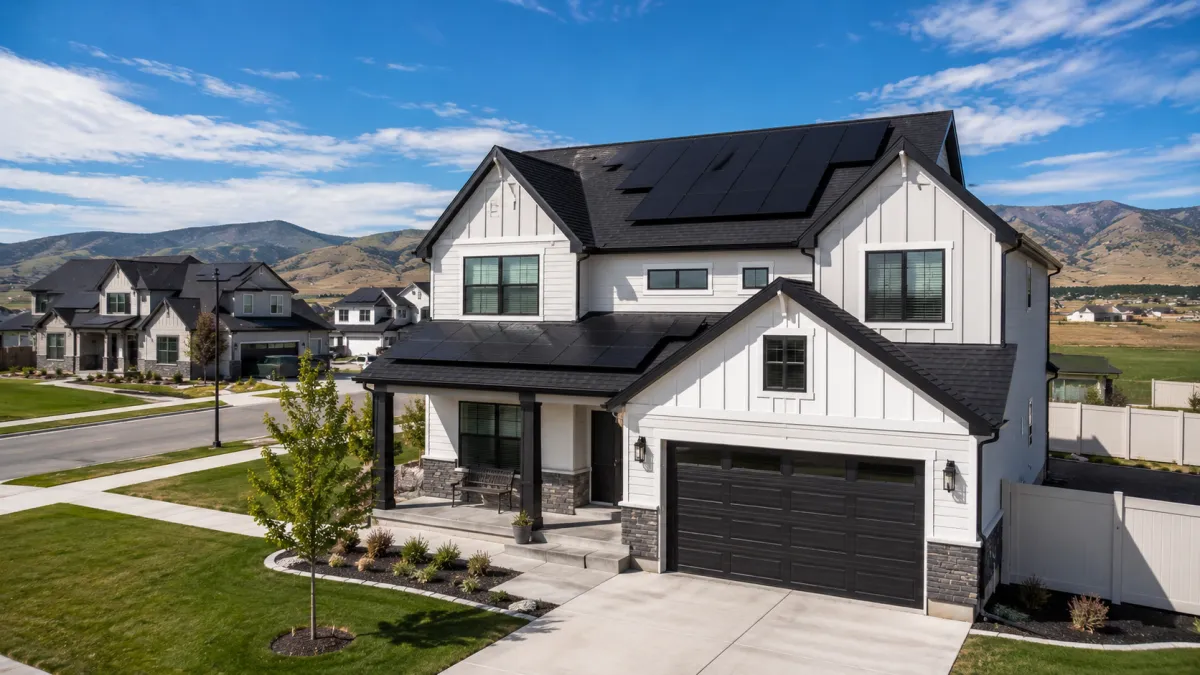 Tesla solar panels on a new-construction Utah home in a growth-belt neighborhood