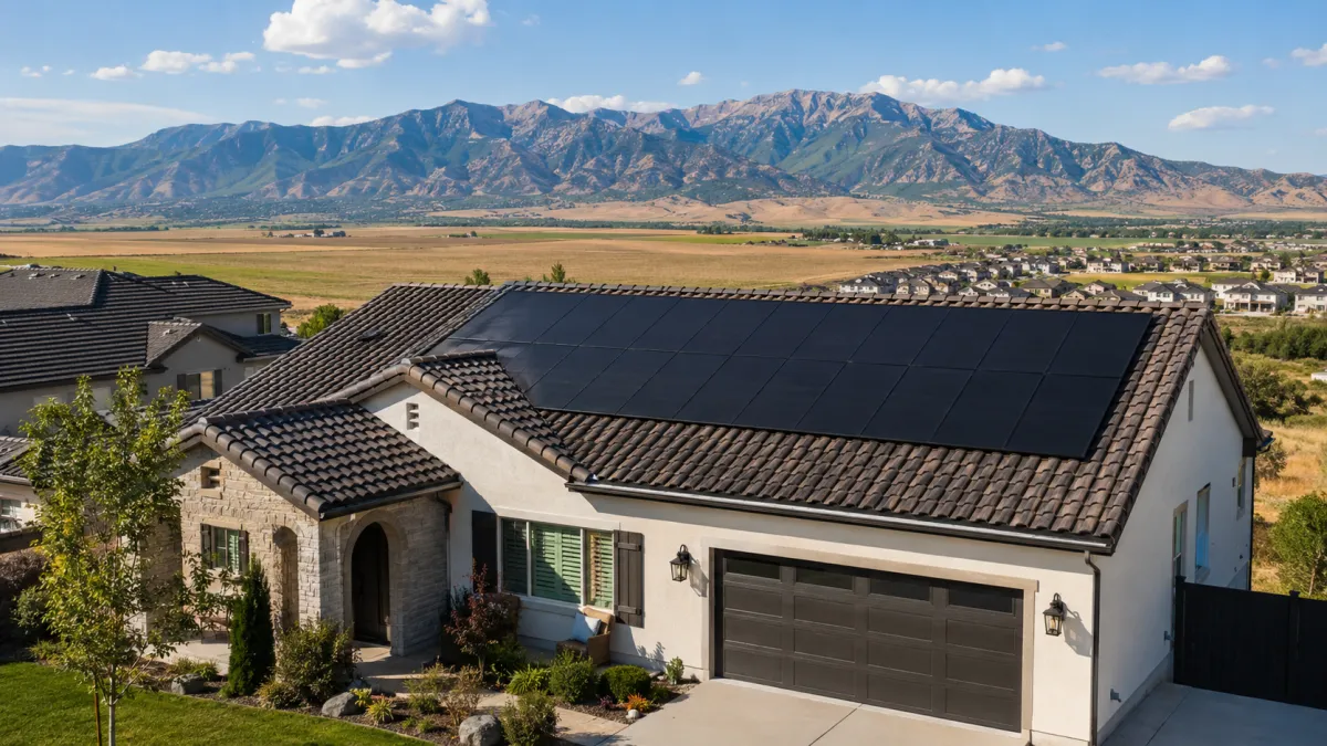 Tesla solar panels on a Spanish Fork home with the Wasatch behind