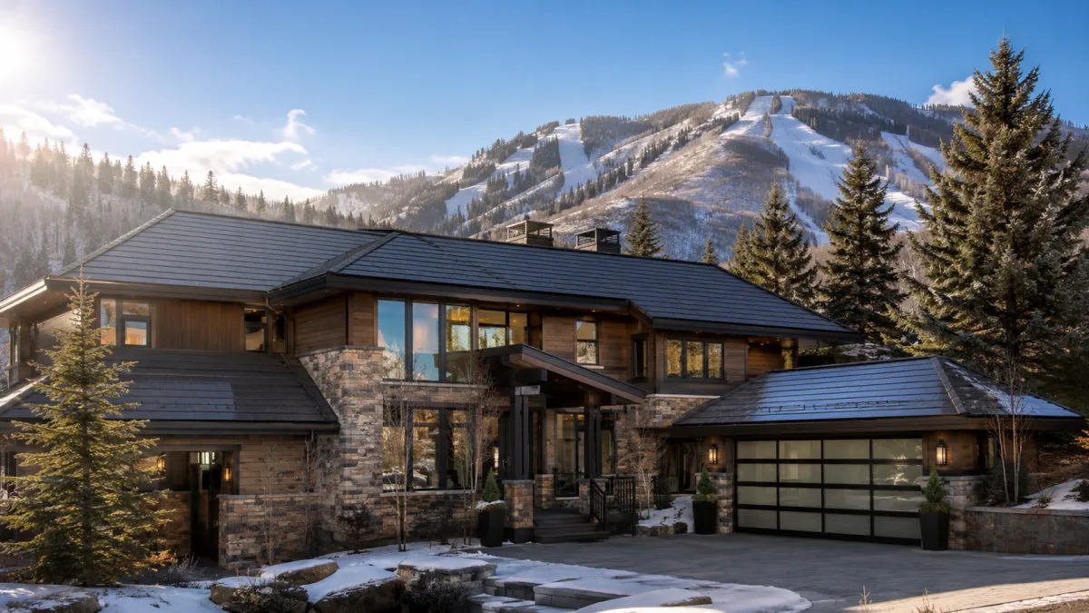 A Tesla Solar Roof on an upscale Park City mountain home with light snow