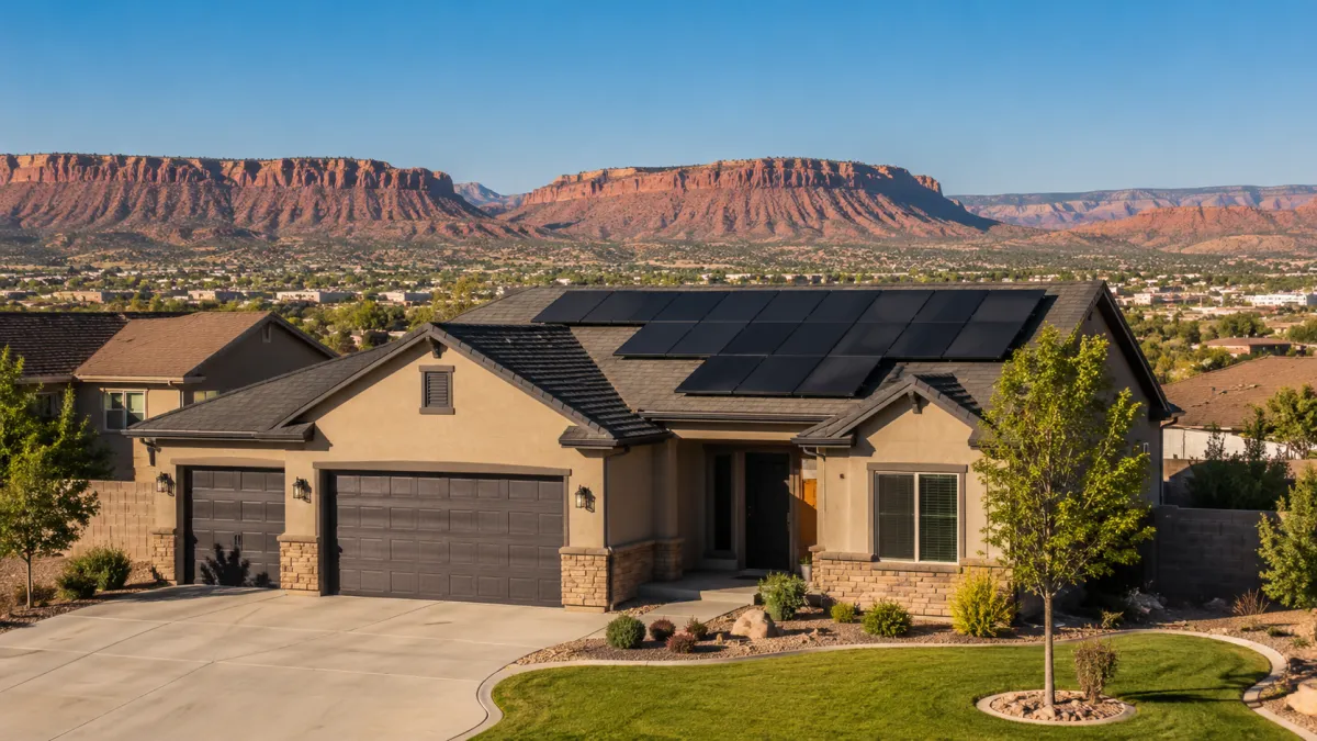 Tesla solar on a Cedar City home with Iron County red rock behind