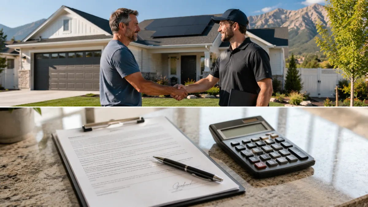 Homeowner and installer with Tesla solar panels on a Utah home