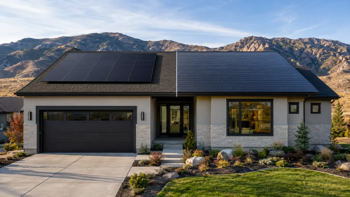 Split view of Tesla solar panels and Tesla Solar Roof on a Utah home