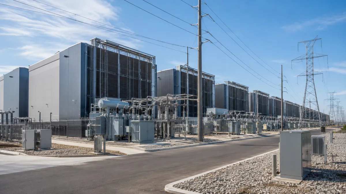Utah power transmission lines with a data center in the distance