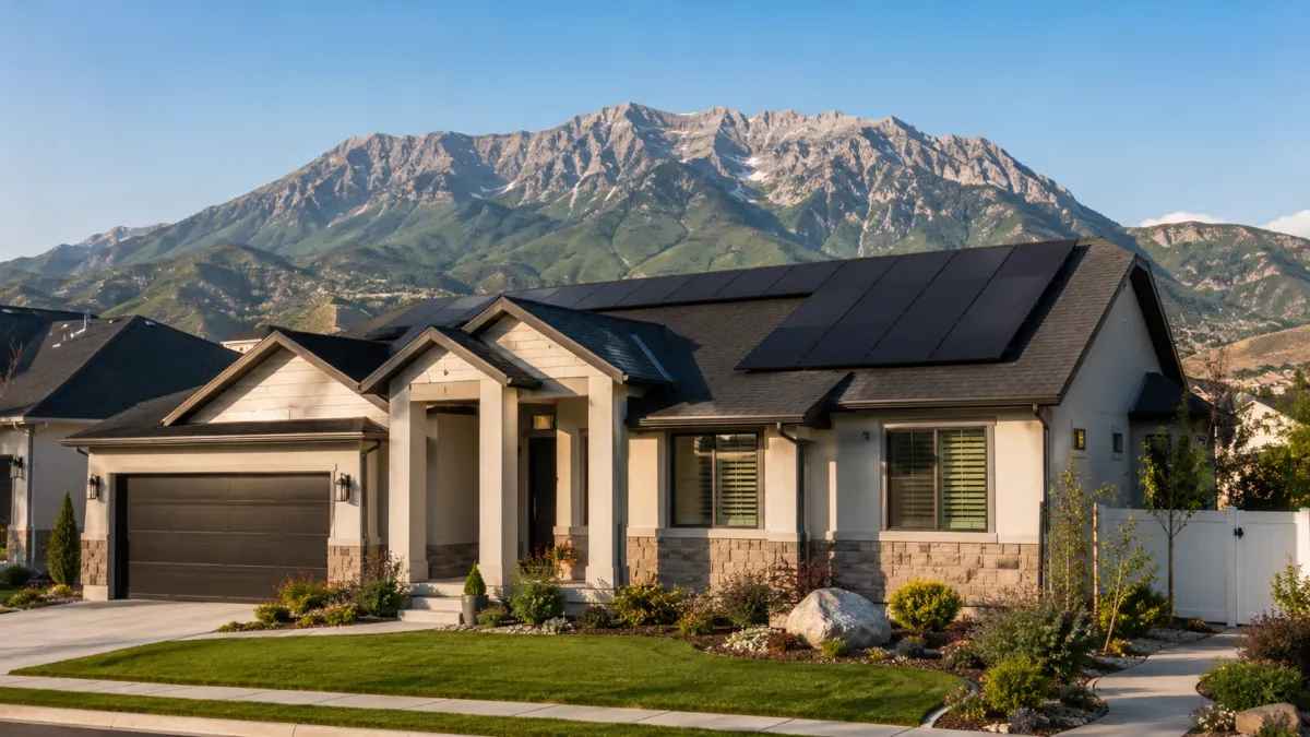 Tesla solar on an Orem home with Mount Timpanogos behind