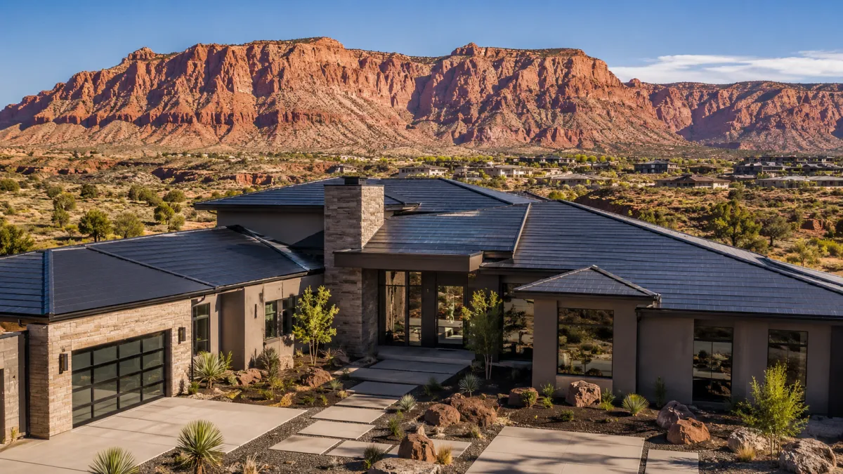 Tesla Solar Roof on a St. George home with red rock cliffs