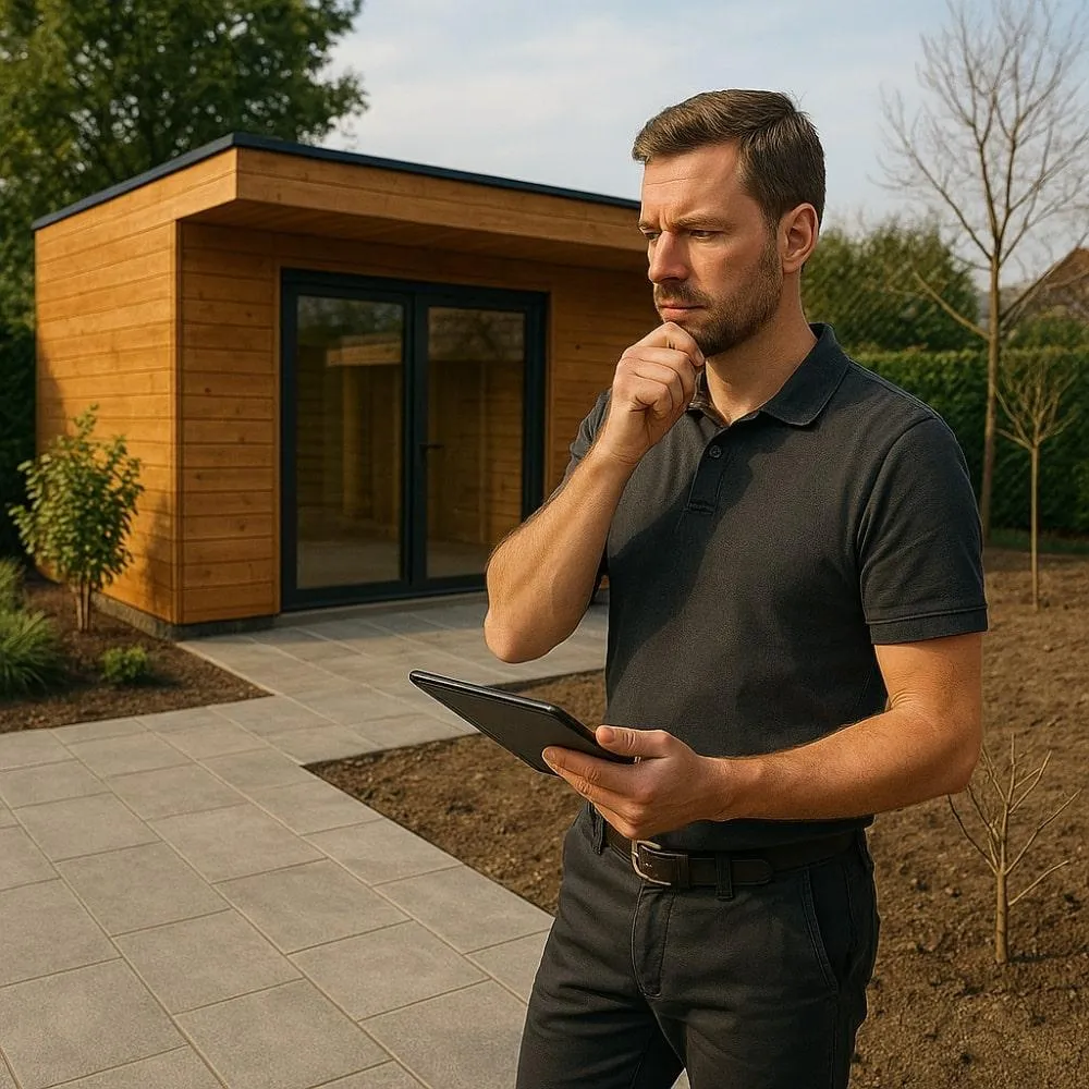 Zaakvoerder bijgebouwenbedrijf bespreekt tuinproject