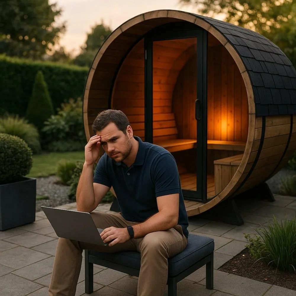 Saunabouwer bespreekt project met klant in showroom