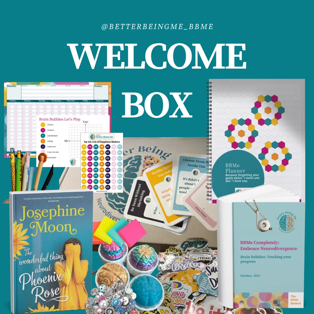The BBMe Completely welcome box — spiral-bound workbooks, BBMe Planner, calendar, book by a neurodivergent author, fidgets, stickers and erasable pens