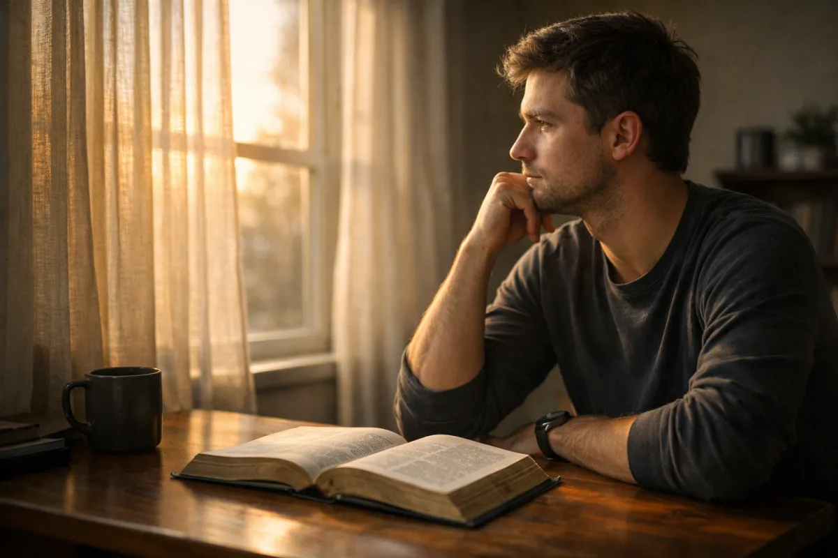 Young adult reading the Bible at sunrise in a quiet room, reflecting thoughtfully in soft natural light.