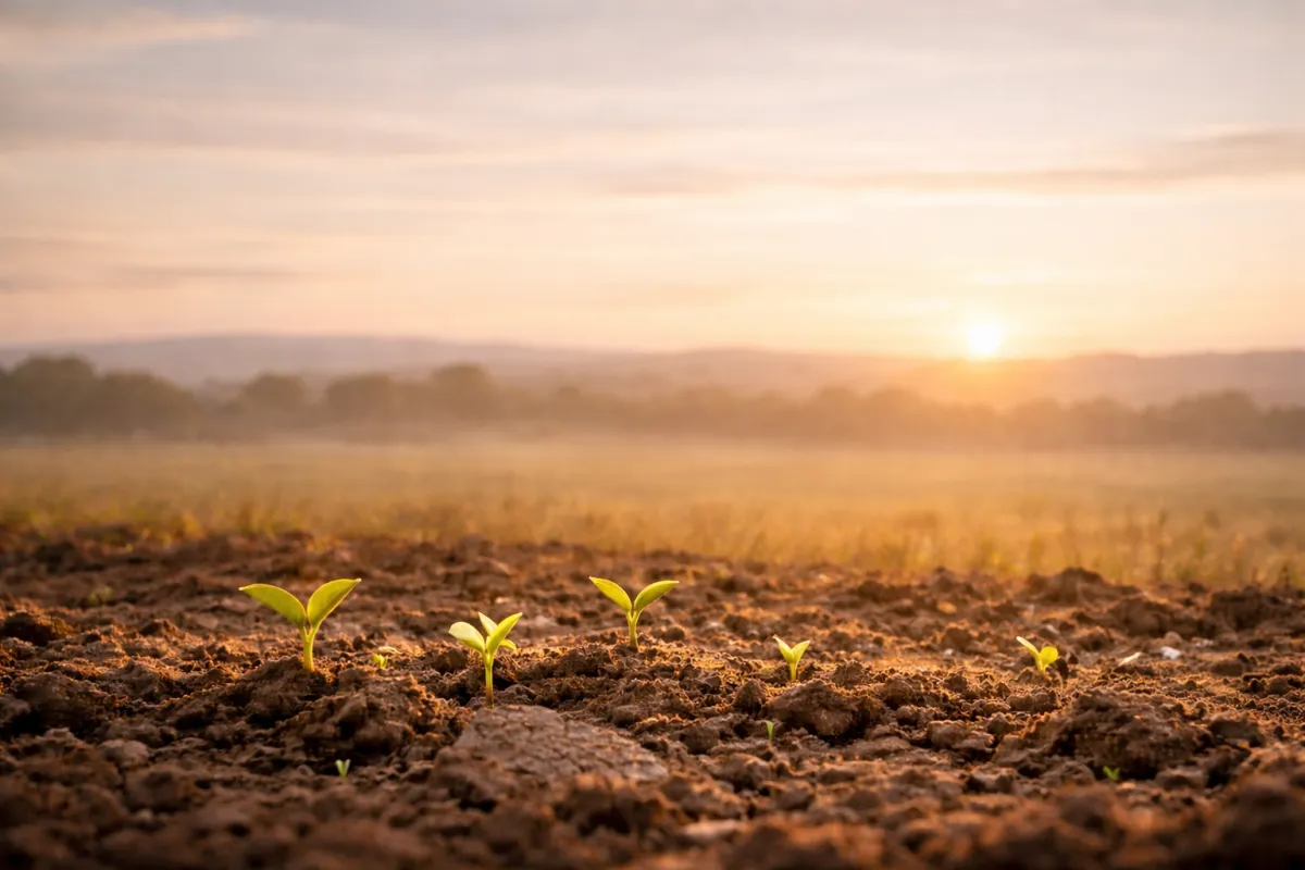 a field at sunrise with small plants growing from the soil, symbolizing patience and long-term growth.