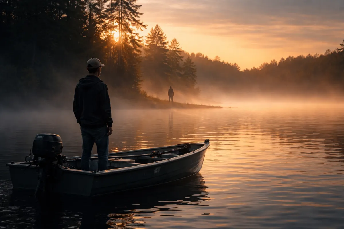 Young adult standing in a small fishing boat at sunrise, looking toward a figure on the shore as golden morning light reflects across a calm lake, symbolizing a shift in season and direction.