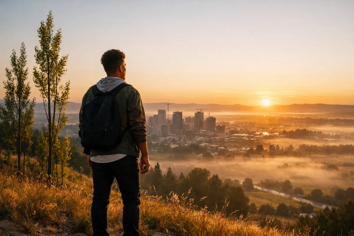 Young adult overlooking a sunrise landscape symbolizing spiritual growth, increase, and new beginnings.