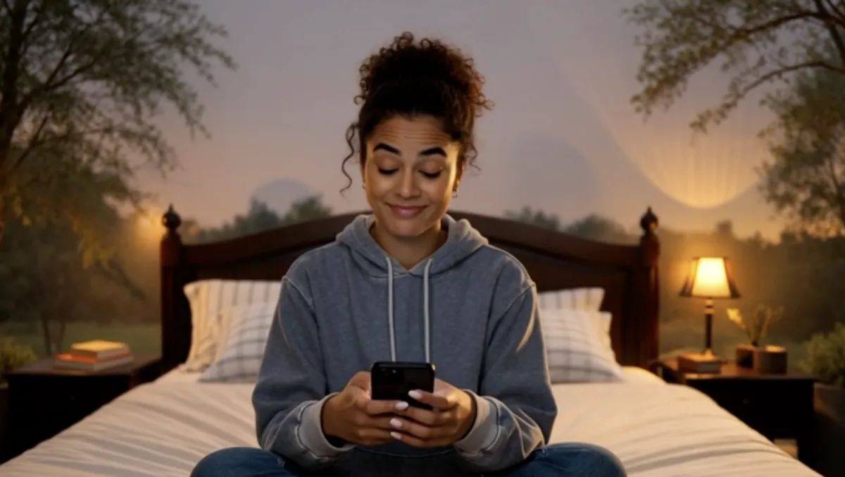 Young female sitting on her bed scrolling through social media