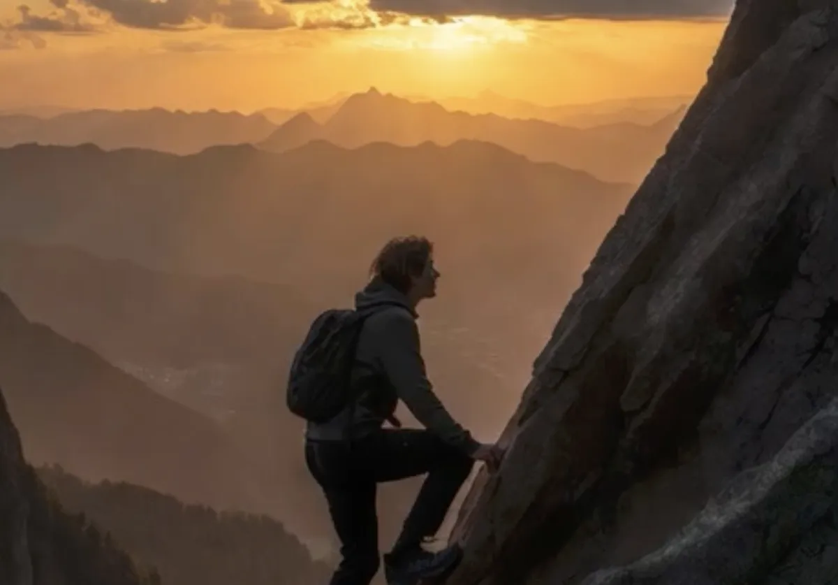 Young adult climbing up a a mountain overlook at sunrise looking toward distant peaks, symbolizing pursuing purpose and spiritual growth.