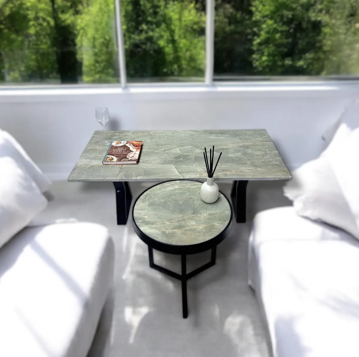 Minimalist marble table with clean lines and a natural finish.