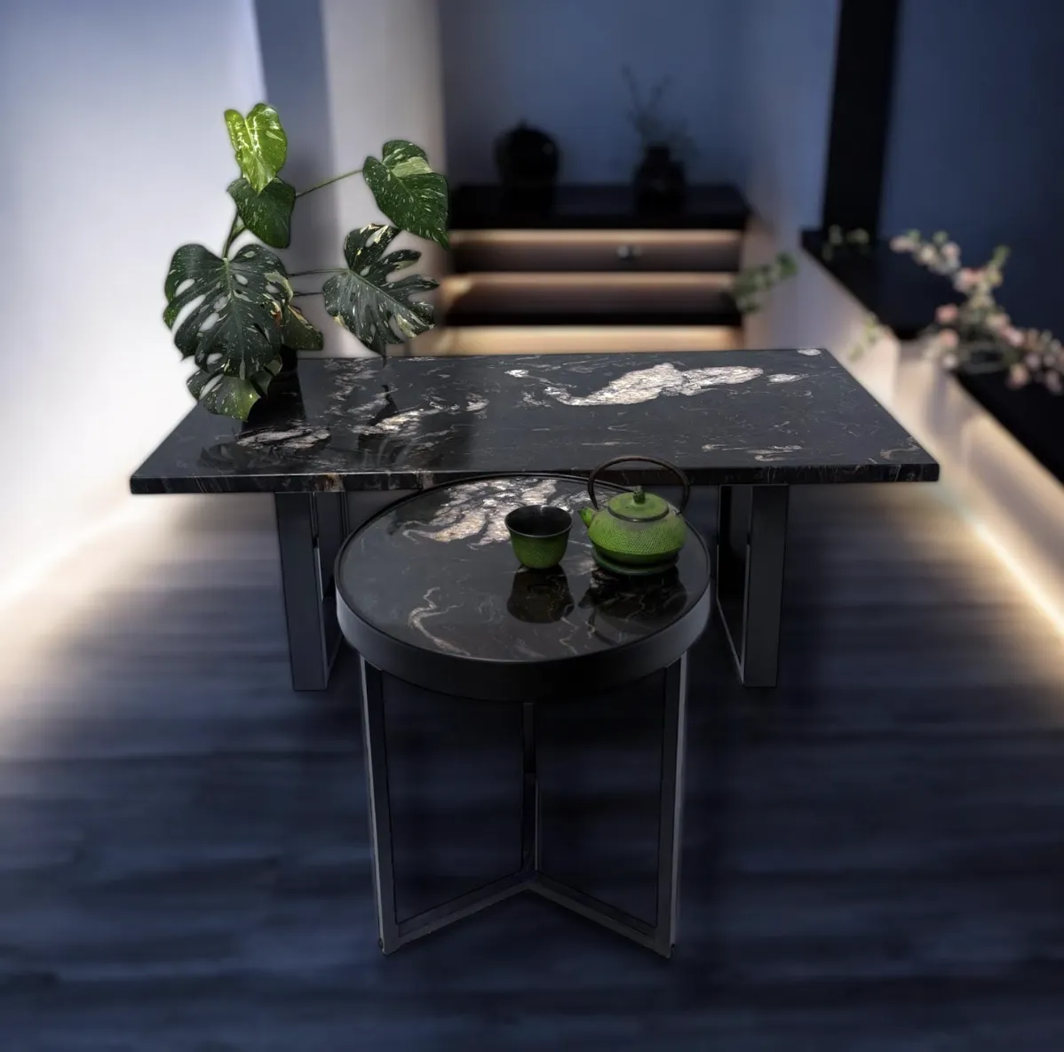 Bespoke marble table featuring a custom metal base.