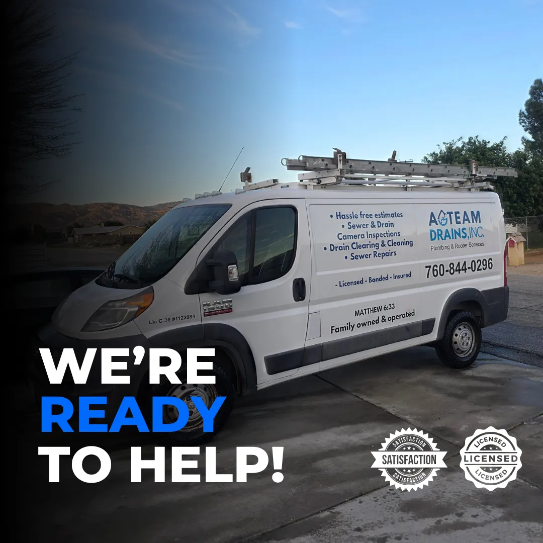A-Team Drains service truck ready for plumbing service in Coachella Valley
