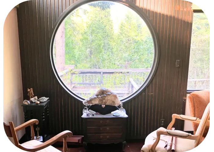 Wisdom of the Heart Mt Shasta Window with Crystals and Trees