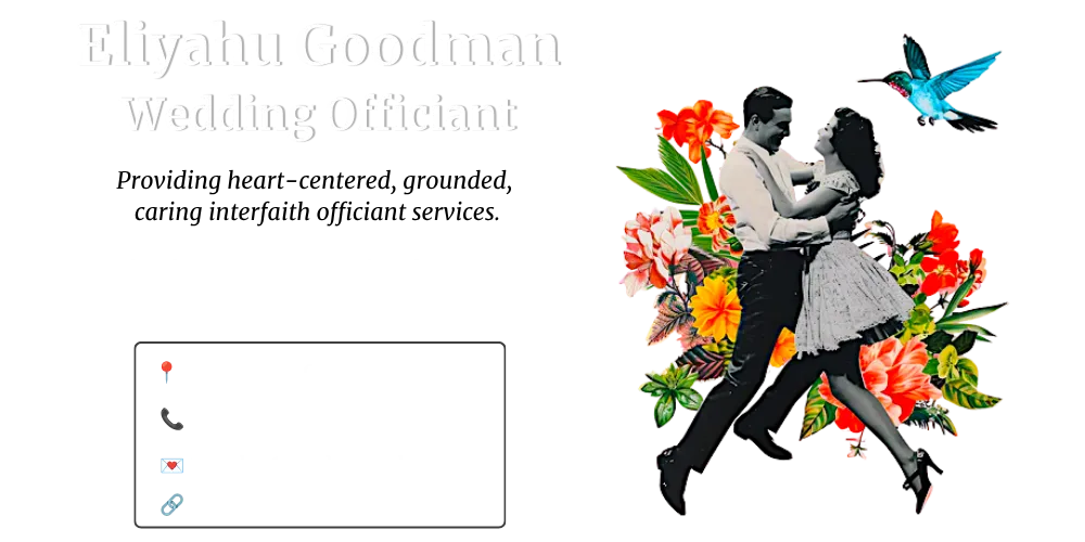 Eliyahu Goodman Wedding Officiant Logo with couple dancing with flowers behind them and a hummingbird
