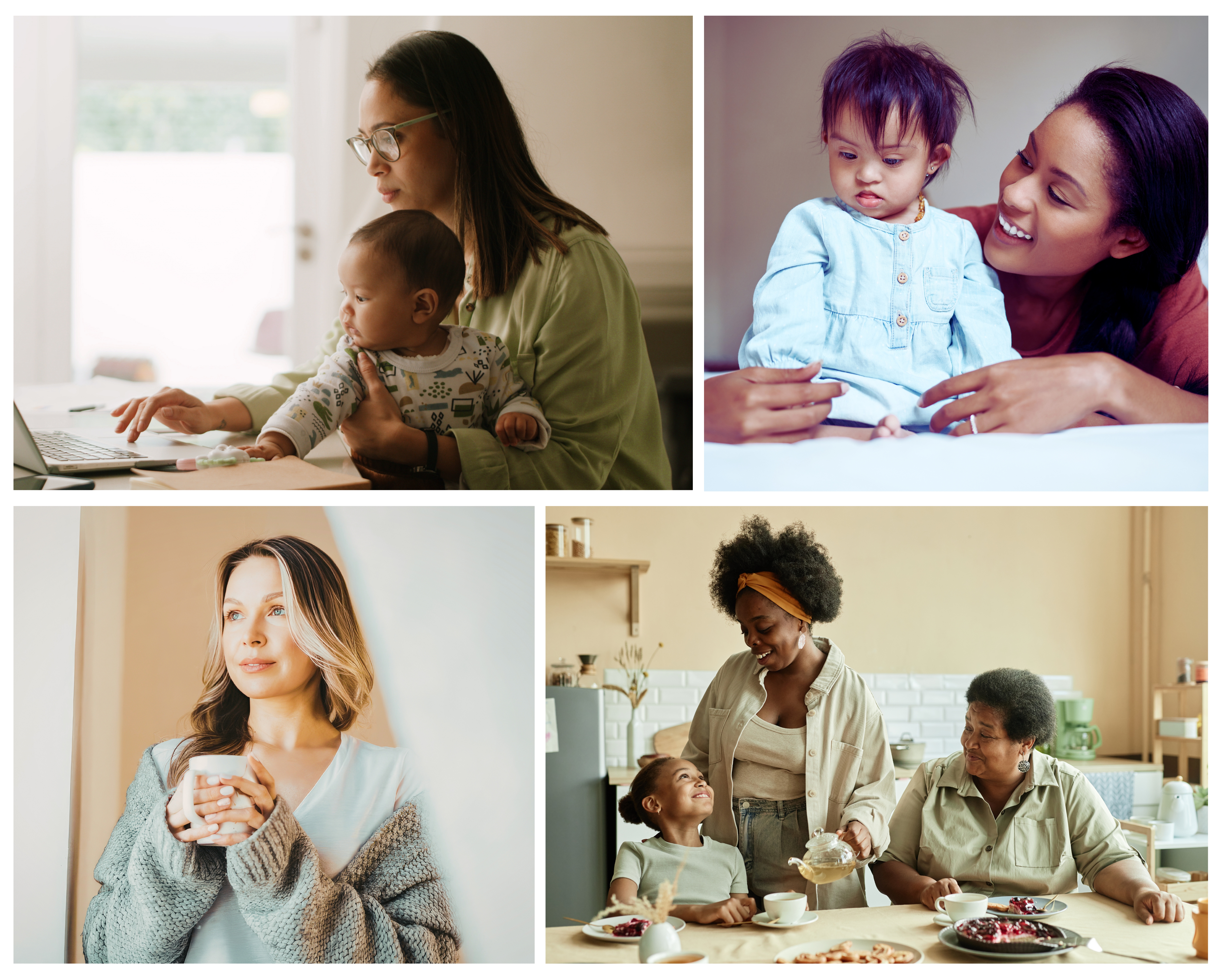 Four women who represent the heart of WON Direct Primary Care: a busy mom working at her laptop while holding her baby; a mother sharing a tender moment with her young child with Down Syndrome; a midlife woman in a quiet, still moment holding a warm cup; and a woman surrounded by her daughter and her own mother in their kitchen — the full, demanding, beautiful lives our patients are living.