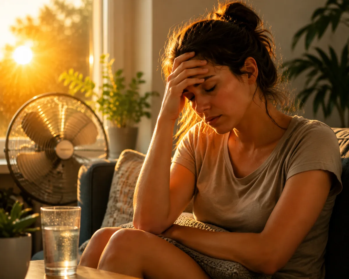 Woman looking stressed in a warm room with sunlight and a fan, illustrating how summer heat can affect mood, anxiety, and sleep.