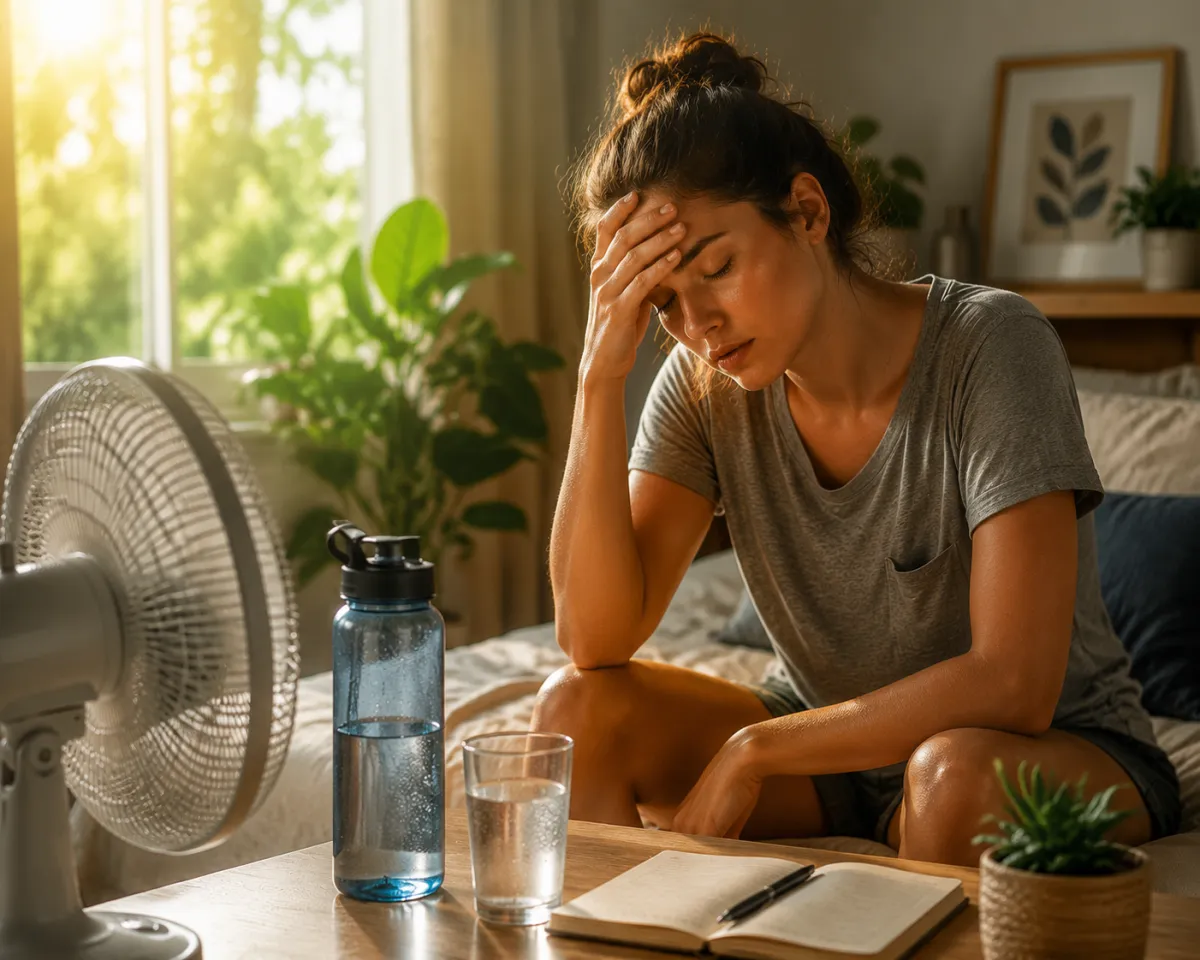 A woman sits indoors on a hot summer day with her head resting on her hand, looking exhausted and overwhelmed beside a fan and a glass of water, illustrating how extreme heat can affect mood, anxiety, and sleep.