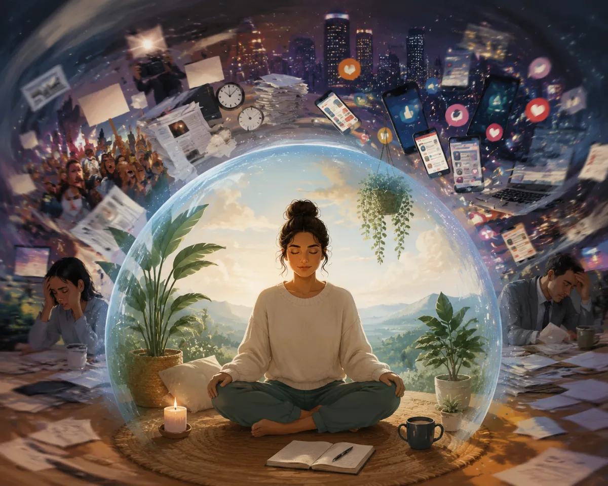 A person meditates peacefully inside a calm, protective space while the fast-paced world of news, social media, work, and daily stress swirls around them, symbolizing the importance of protecting mental health without disconnecting from the world.