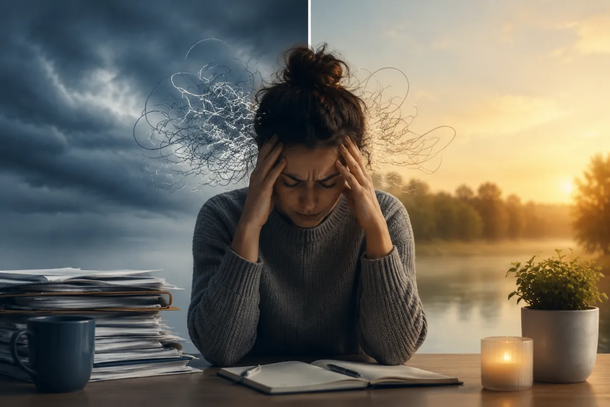Woman experiencing stress and anxiety, with a contrast between a stormy environment and a peaceful setting.