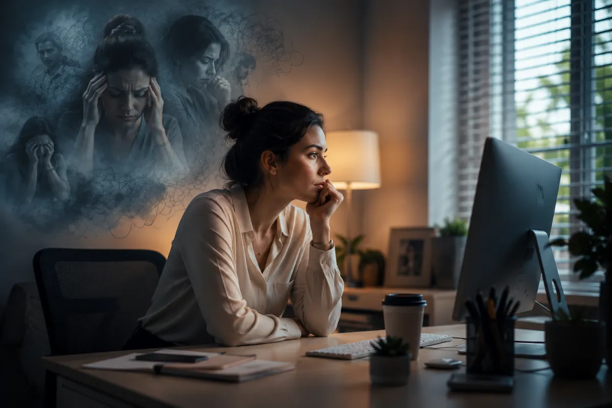 A woman calmly working at a desk while subtle shadowy images behind her represent the hidden anxiety and racing thoughts she is experiencing internally. 