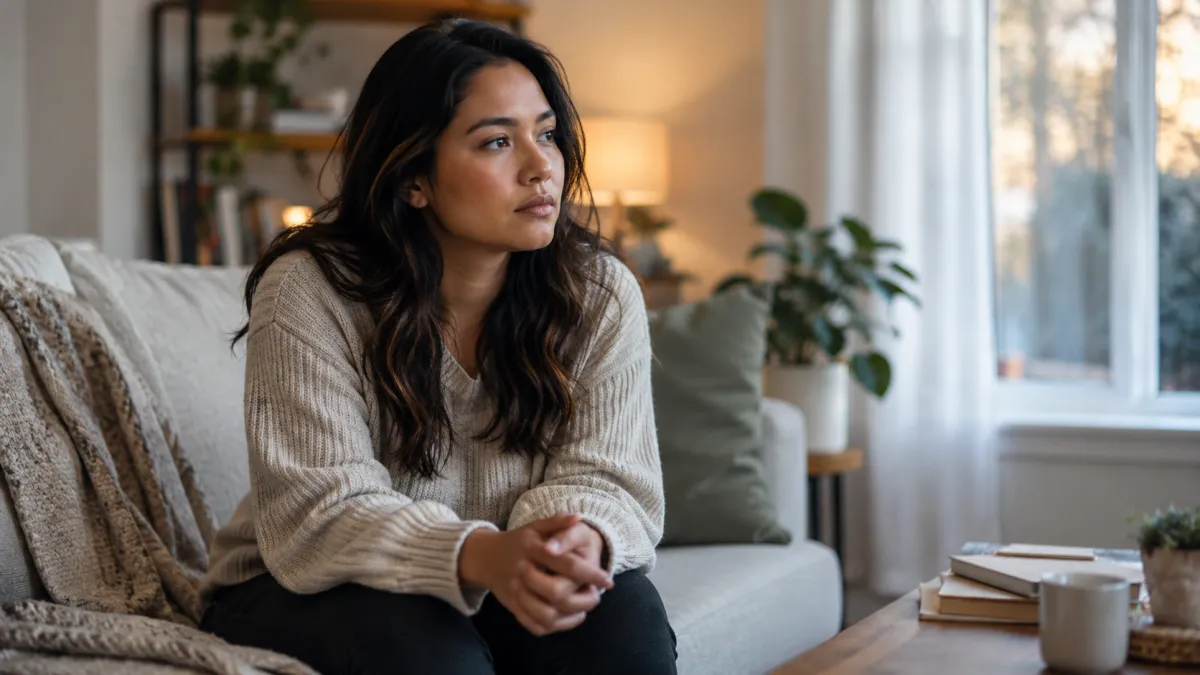 Adult sitting quietly on a sofa at home in the evening, with a thoughtful expression and hands clasped together, reflecting the experience of constant worry and an overwhelmed mind.