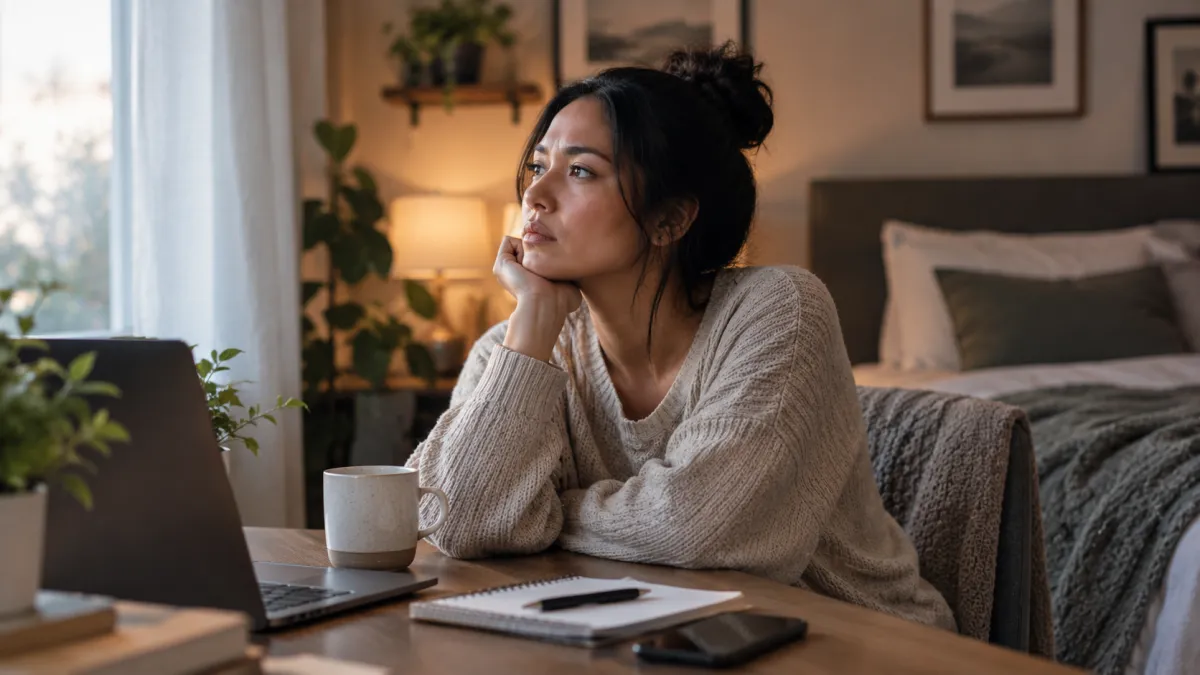 **Alt text:** Adult sitting at a desk in a cozy bedroom, gazing thoughtfully toward a window with a laptop, notebook, and coffee nearby, reflecting on feelings of anticipation and worry about the future.