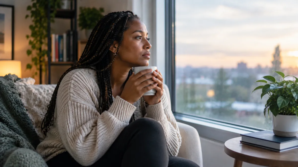 woman sitting by a window, holding a cup of coffee and gazing outside thoughtfully in a softly lit, cozy home, conveying anticipation and worry about the future.