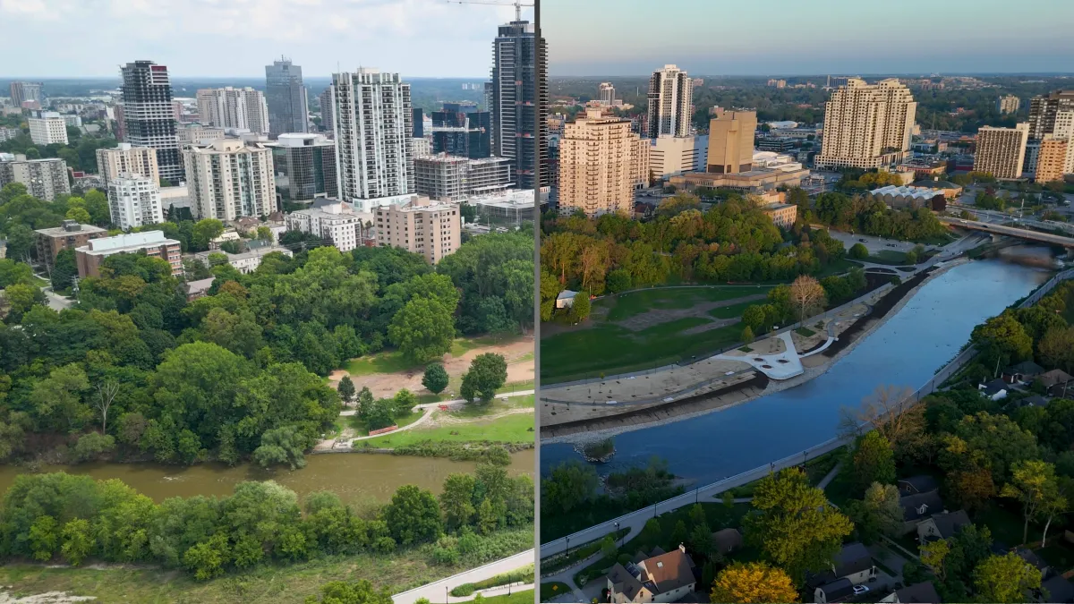 Aerial drone documentation of Harris Park shoreline restoration and Thames Valley Parkway bridge in London Ontario