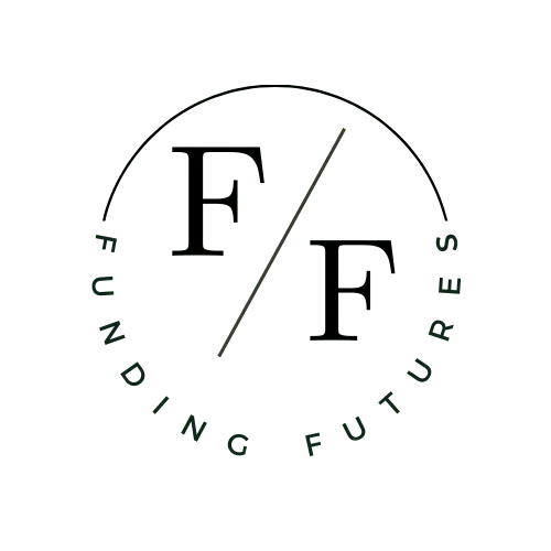 Logo for 'Funding Futures' featuring a minimalist design. The text 'Funding Futures' is curved along the bottom of a circular frame, with a thin diagonal line dividing the circle. The design uses a simple, modern font and a dark green color scheme.