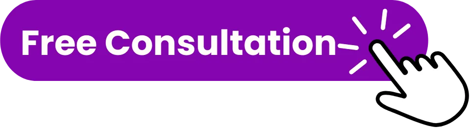 Graphic of a purple button with the text 'Free Consultation' in white, accompanied by an icon of a hand cursor clicking on the text, indicated by radiating lines to suggest interactivity.