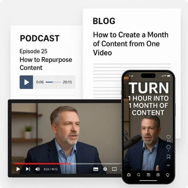 digital content creation overview, various devices displaying video marketing, podcasting, and blogs for service businesses