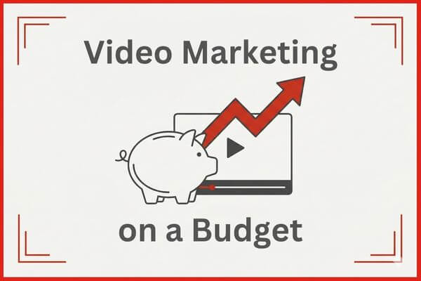 A minimalist line art illustration of a piggy bank next to a video player with an upward growth arrow, representing affordable video marketing for business growth.