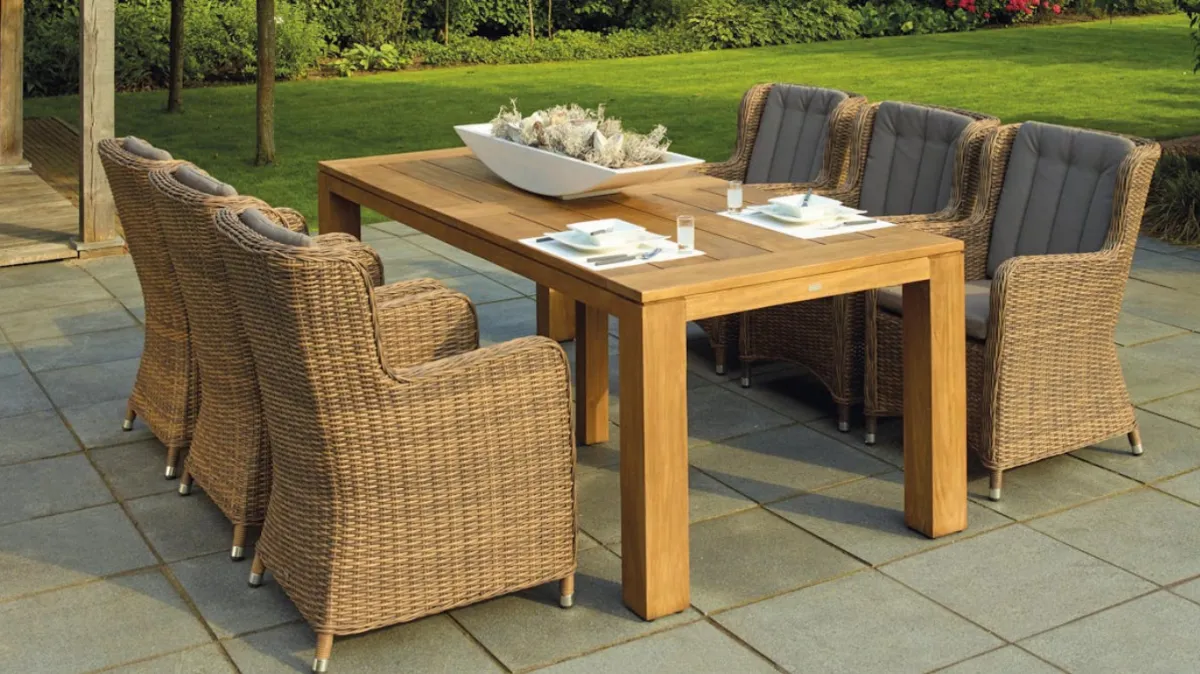 Outdoor patio furniture with plaid upholstery.