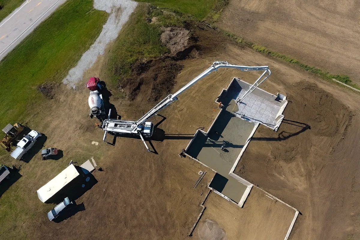 large area for concrete foundation and slabs poured using truck