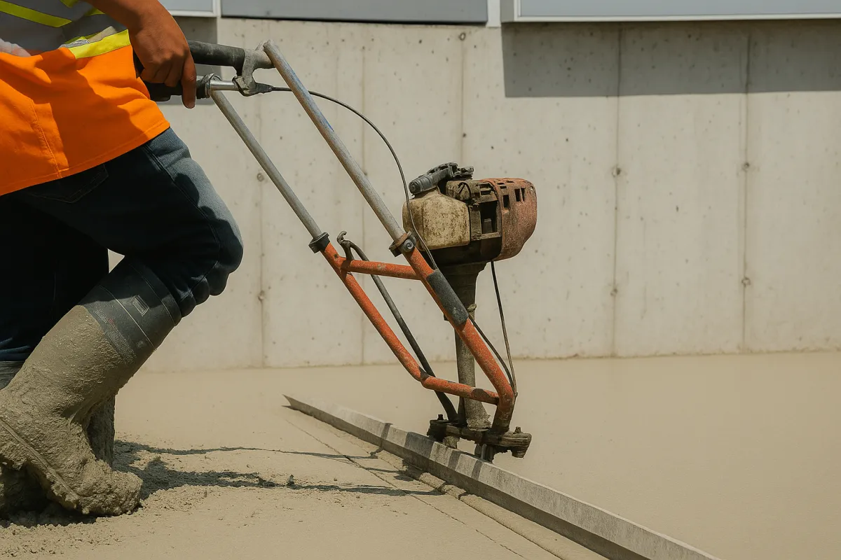 Concrete getting spread using concrete construction equipment