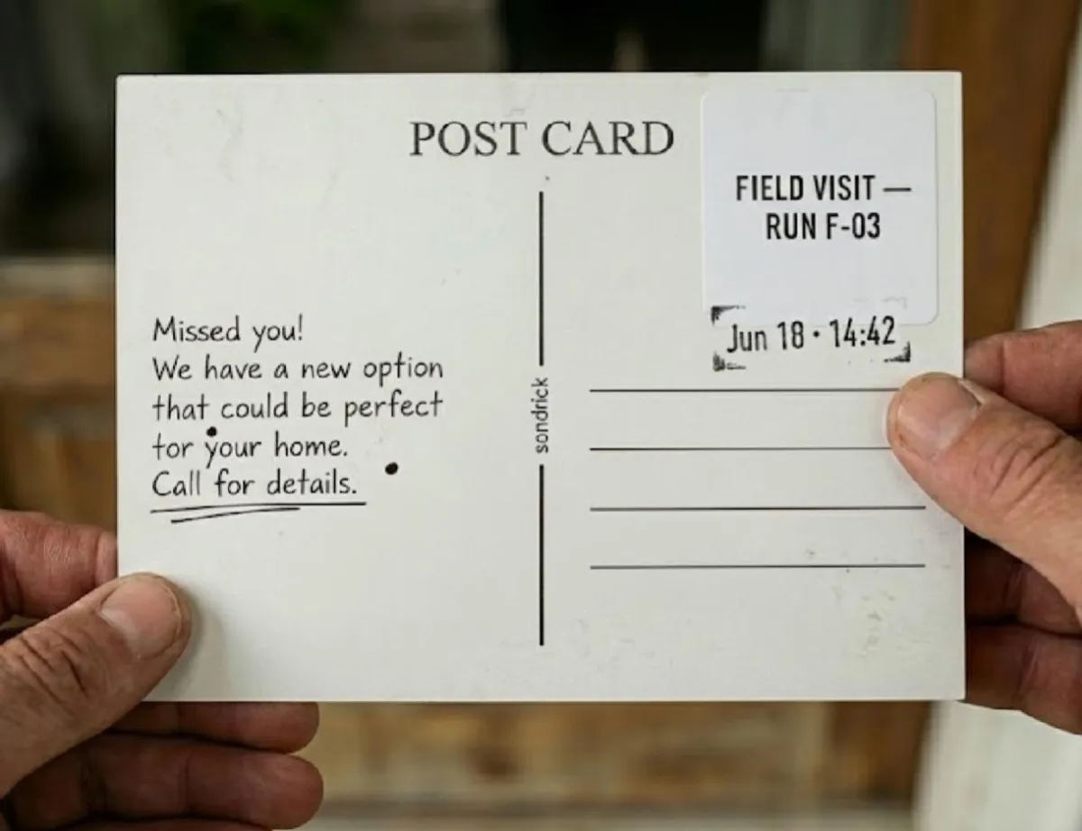 A realistic, documentary-style daytime photograph of a simple postcard partially tucked into the door-frame crease of a residential home; the postcard back is visible with ample white space and a small clear on-card mark (for example a date stamp or small postage-style sticker). No people, no branding, neutral daylight, factual observational tone indicating a Not-Home visit; door materials and colors match the reference image. Height:auto.