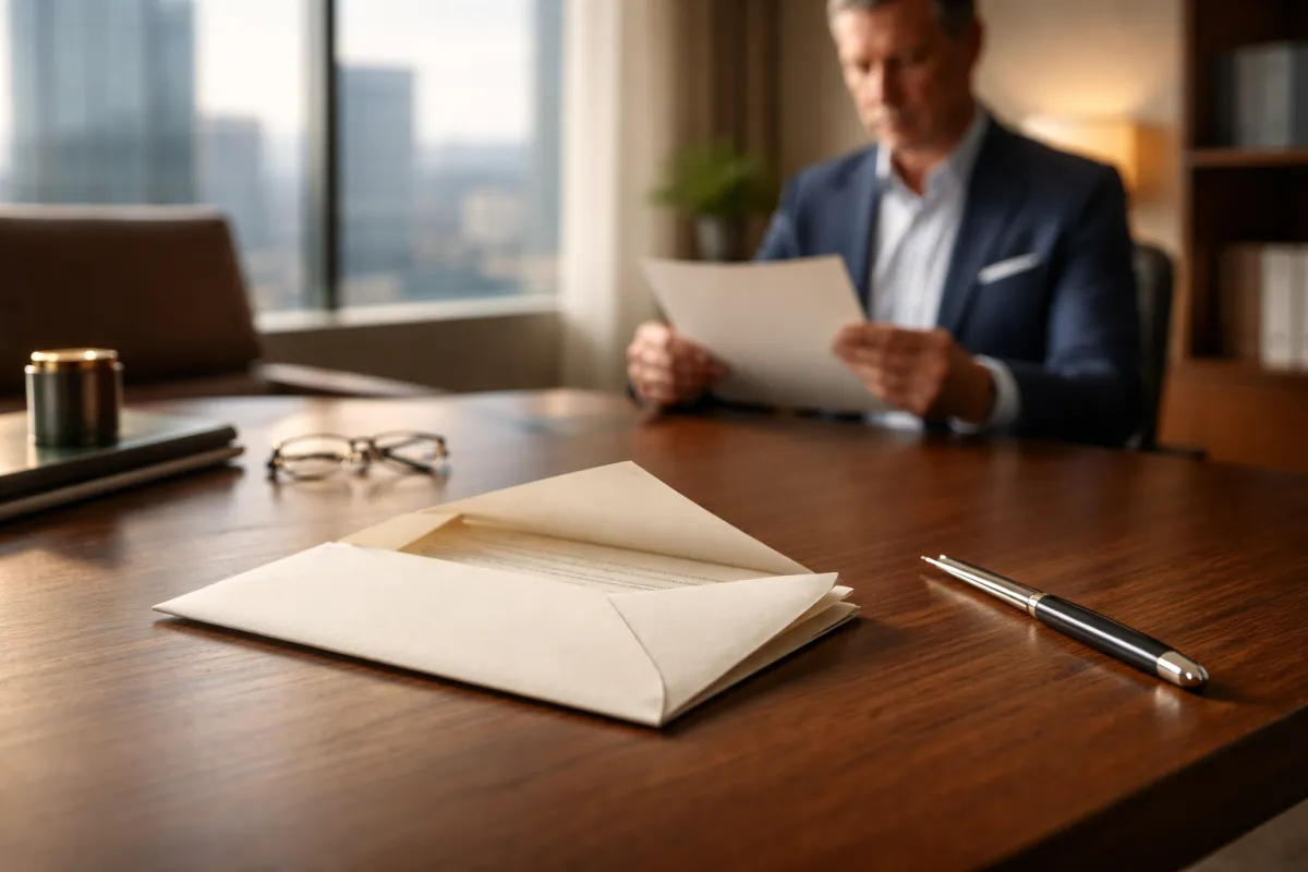 A professional courier in a crisp blue uniform delivering a sealed, branded envelope to the reception desk of a modern office building. The background features glass walls and subtle company signage, with natural daylight streaming in, evoking trust and precision.