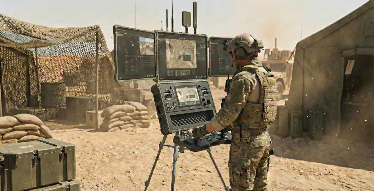 A rugged, modular field workstation set up in a windswept outdoor command post, with a diverse team of operators configuring UAV controls and mission displays. The workstation is shown with reinforced legs, cable management, and weatherproof panels, all in a realistic, documentary style.