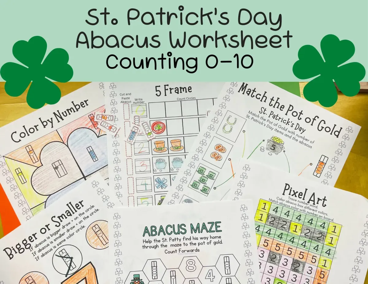 St Patrick's Day abacus Math Worksheet examples, color by number, 5 frame, matching, pix art, comparing and abacus maze