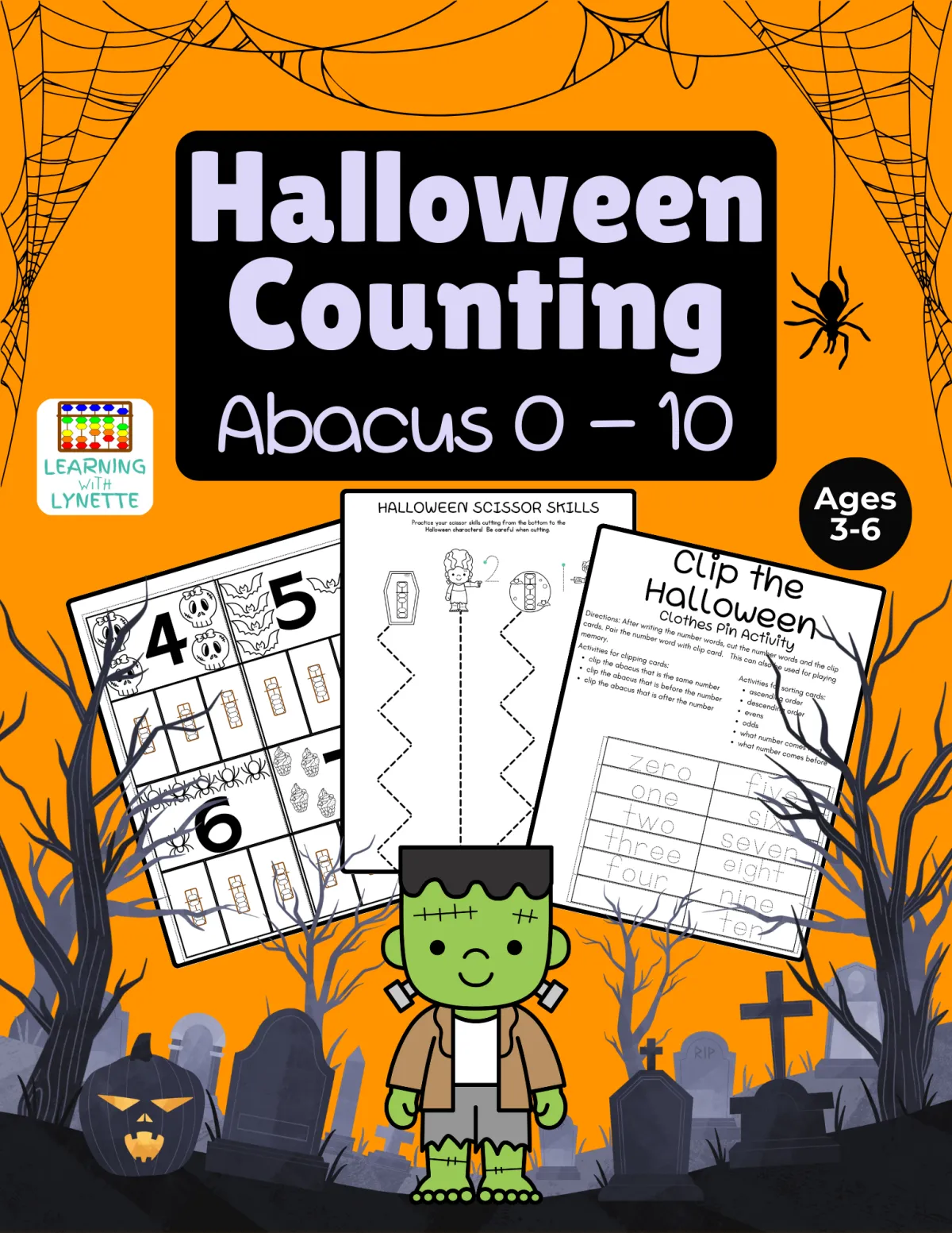 A fun Halloween-themed educational activity for kids in kindergarten and 1st grade, titled "Halloween Counting Abacus 0-10." The image features a cartoon Frankenstein character pointing to worksheets that include activities such as scissor skills, counting backwards, and matching haunted houses to ghosts. The worksheets are designed for early learners, helping them practice fine motor skills and number recognition. The brand "Learning with Lynette" is shown in a circular logo with an abacus icon.